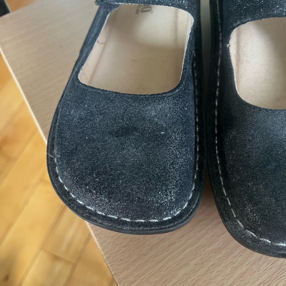 Alegria Black Suede Mary Jane Clogs with purple shimmer (38) - Picture 11 of 14